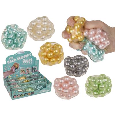 Colorful pearlescent bead-filled squishy balls shown individually and being squeezed, next to a retail display box.