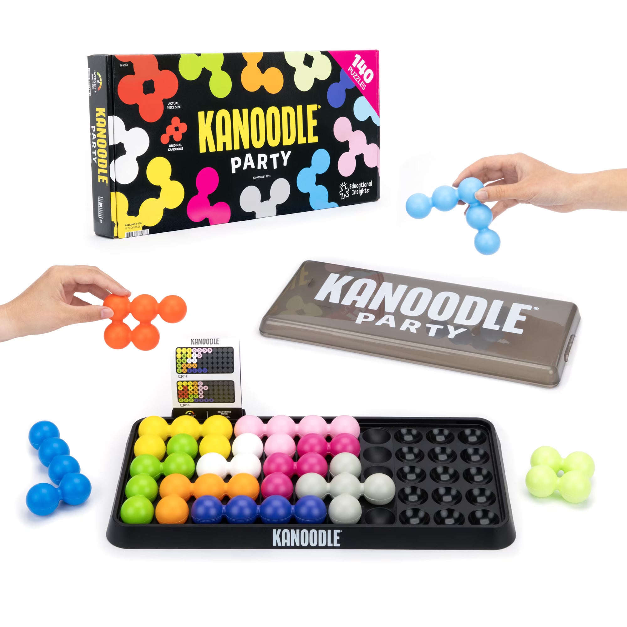 Kanoodle Party logic game featuring colorful ball-shaped pieces, a black game board, and challenge cards.