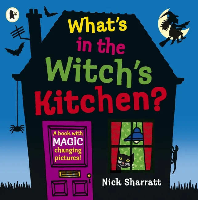 House-shaped book cover for What's in the Witch's Kitchen? featuring a black cat, a spider, and a witch on a broom.