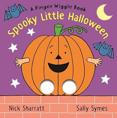 Orange pumpkin character with two circular finger holes on a purple cover with bats and stars.
