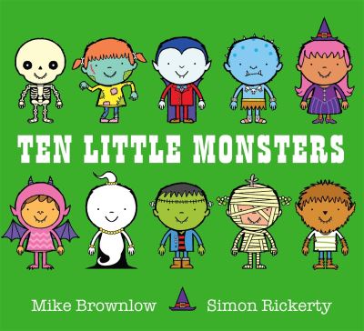 Cover of Ten Little Monsters book featuring ten colorful cartoon monsters on a bright green background.