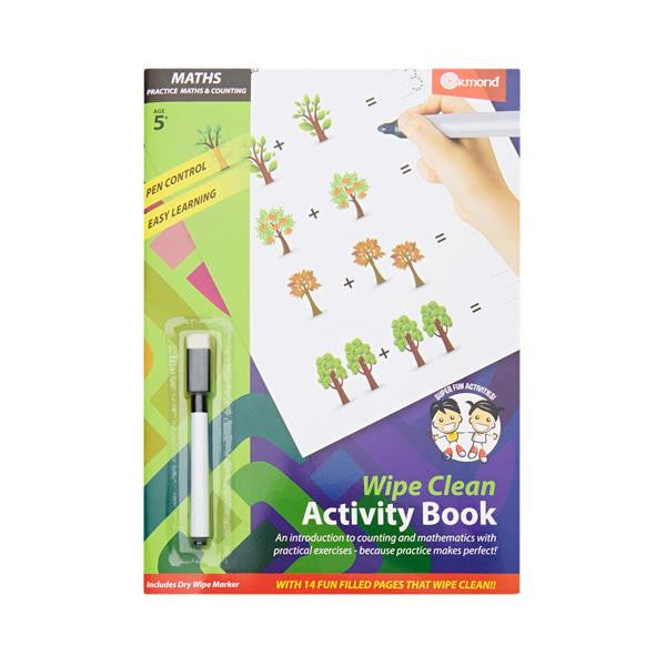 Front cover of a green and purple wipe-clean maths book featuring tree addition puzzles and a dry-wipe marker.