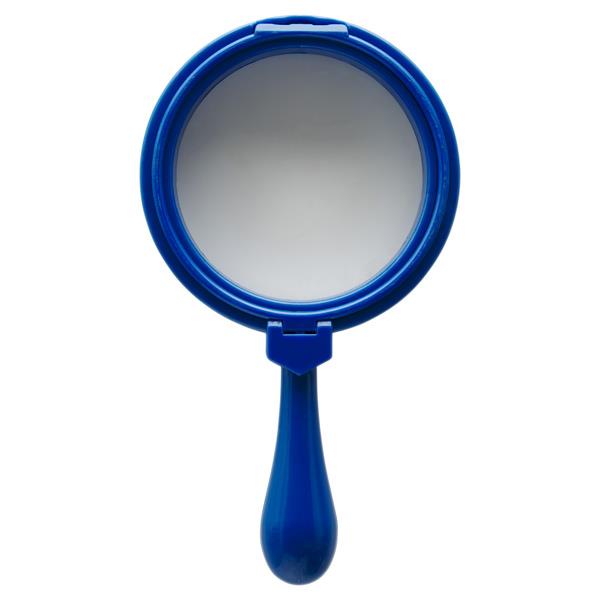 Blue handheld magnifying glass with a large round lens, chunky teardrop handle, and a built-in folding stand.