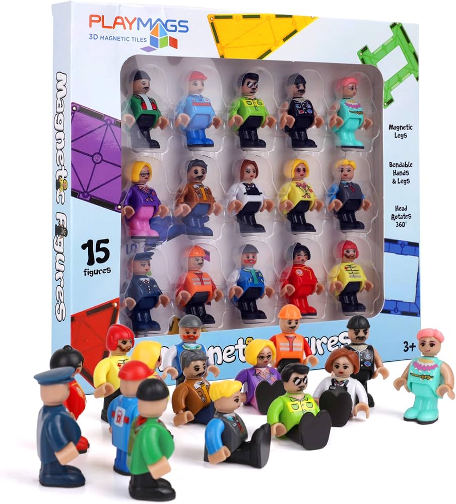 Boxed set of 15 diverse plastic figures with magnetic feet and bendable limbs for building play.