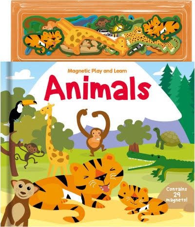 Magnetic animal play set book with 29 colorful magnets in a top tray and jungle animal illustrations on the cover.