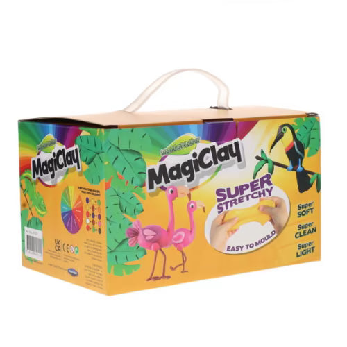 Yellow MagicClay box featuring tropical bird illustrations, a carry handle, and a photo of hands stretching yellow clay.
