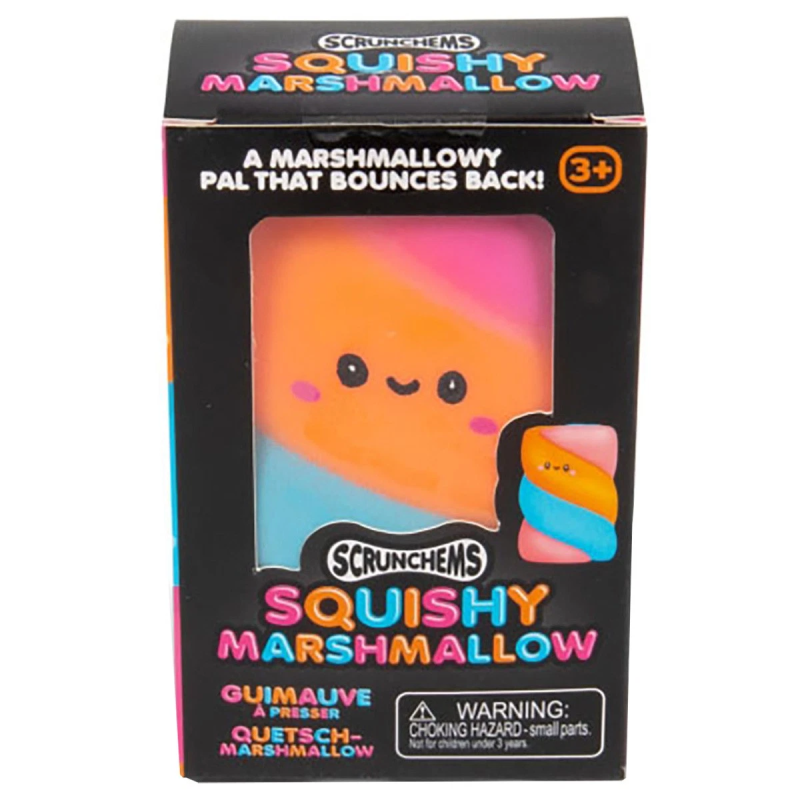 A pink and orange squishy toy with a cute face inside black Scrunchems Squishy Marshmallow packaging.