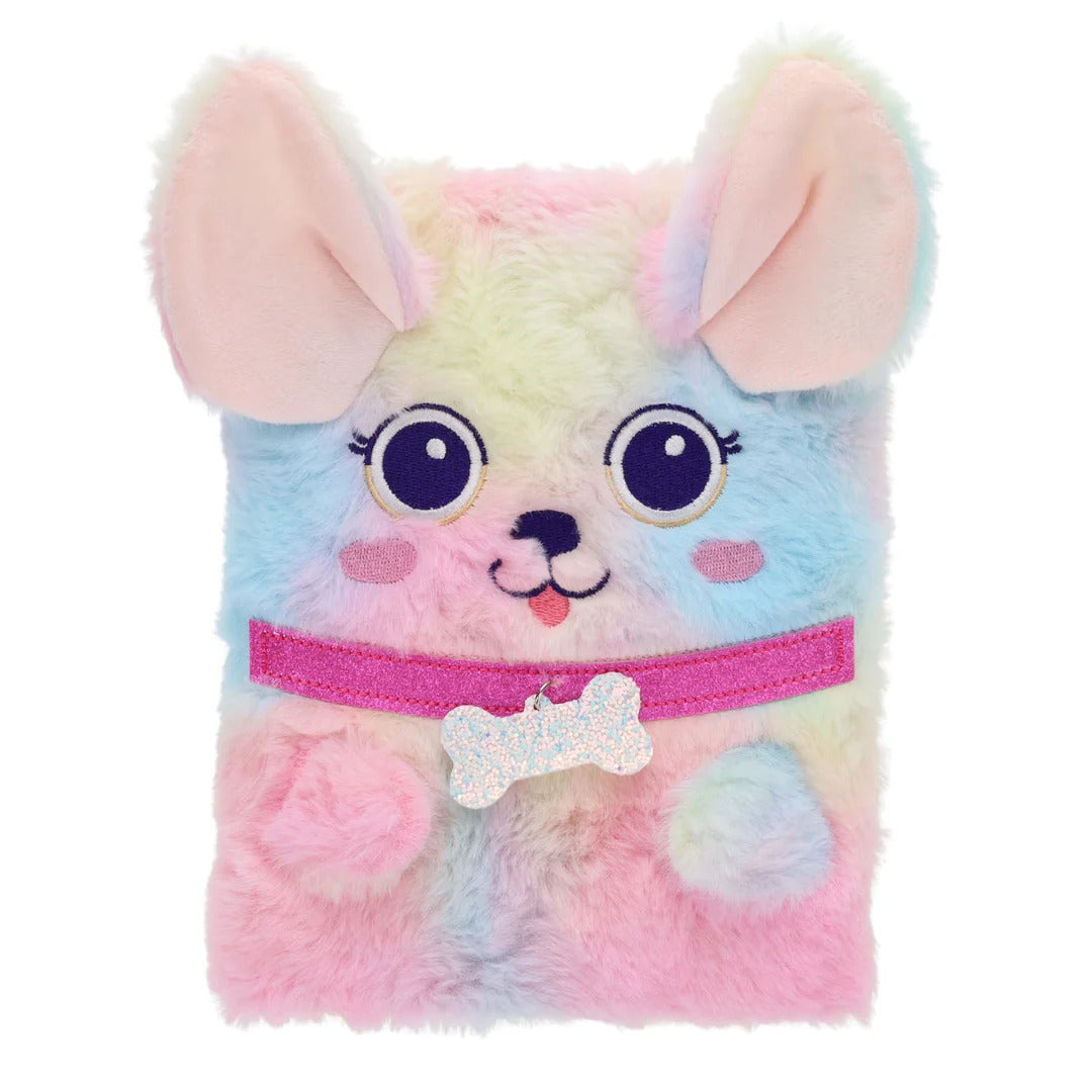 Colorful rainbow plush puppy notebook with upright ears, a pink glitter collar, and a bone-shaped tag.