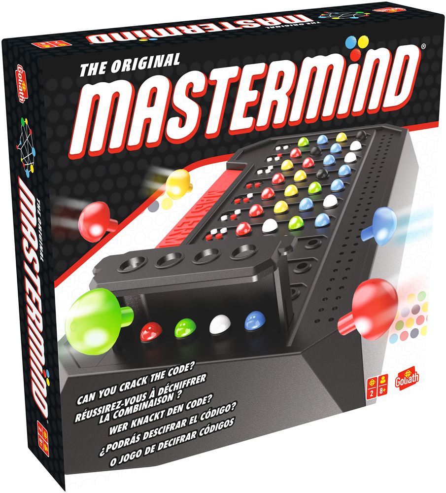 MasterMind board game box featuring a black game console, multi-colored pegs, and code-breaking gameplay illustration.