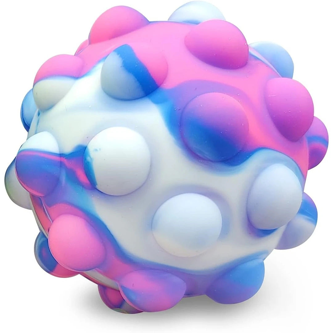 Marbled pink, blue, and white silicone fidget ball with multiple poppable bubbles across its surface.