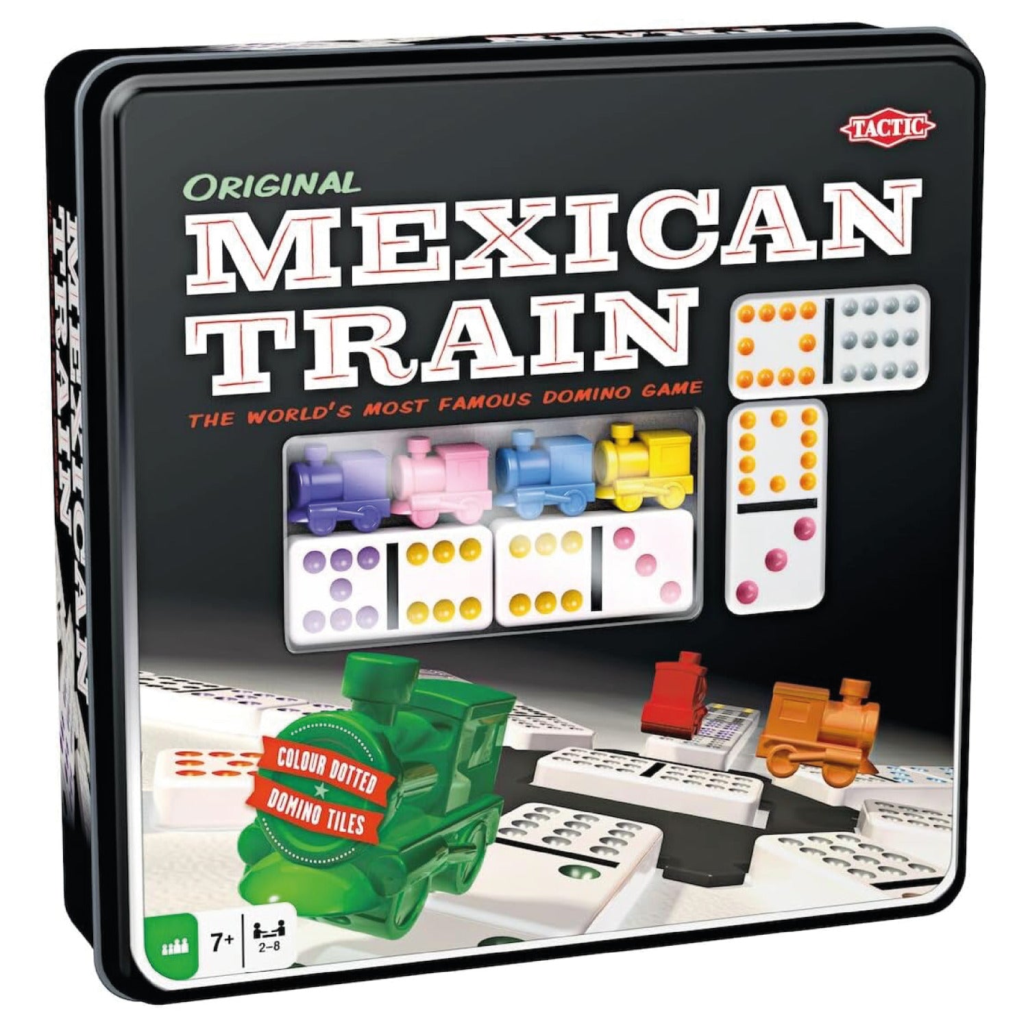 Mexican Train dominoes game in a black metal tin with colour-dotted tiles and small plastic train markers.