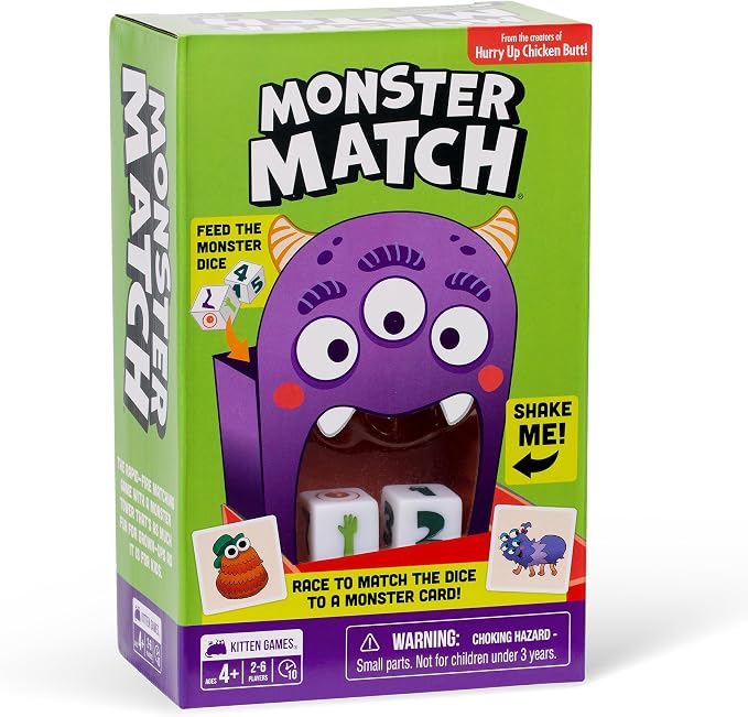 A purple three-eyed monster dice shaker inside a lime green box for the Monster Match game, with two dice in its mouth.