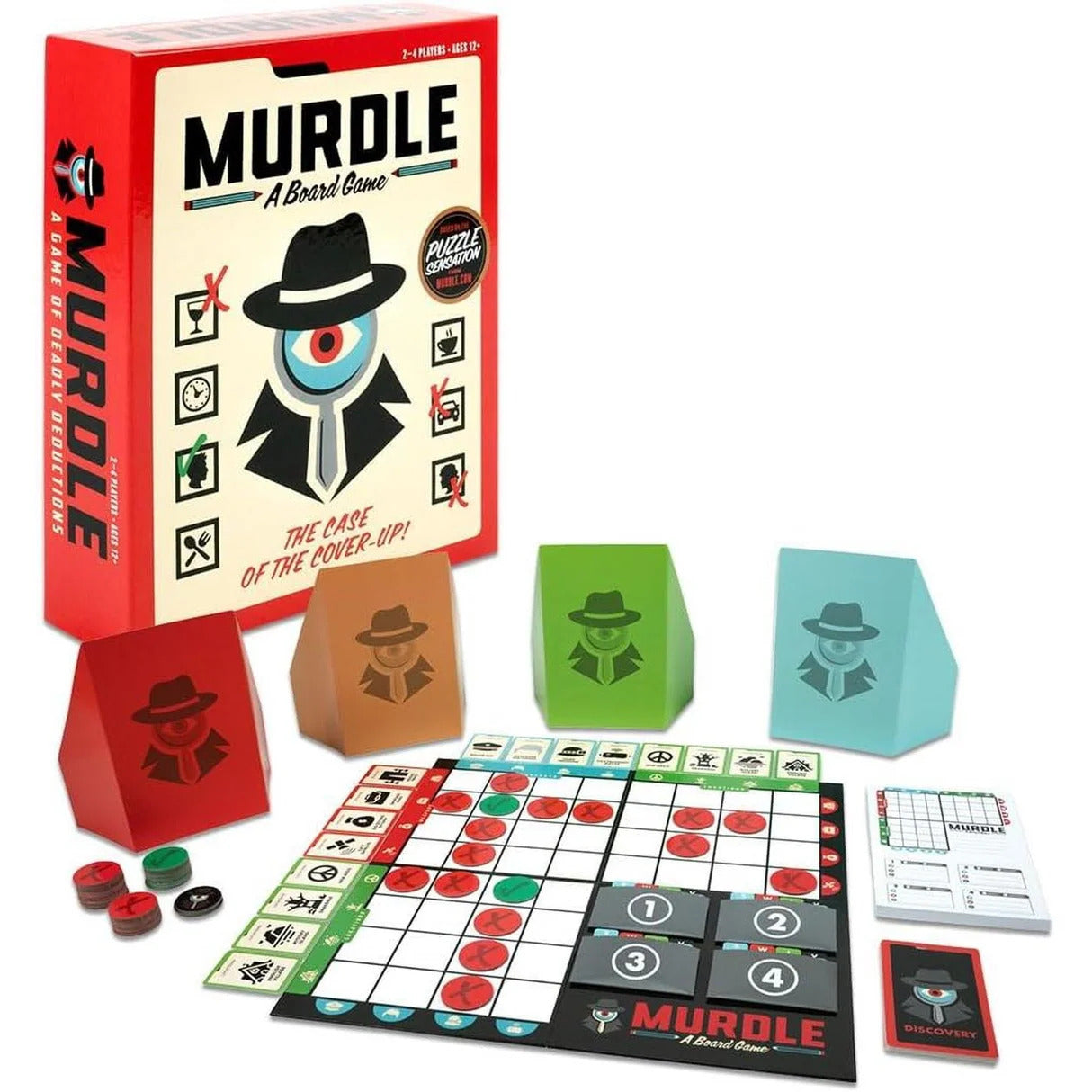 A red board game box for Murdle with a game board, four colored screens, deduction sheets, and tokens displayed.