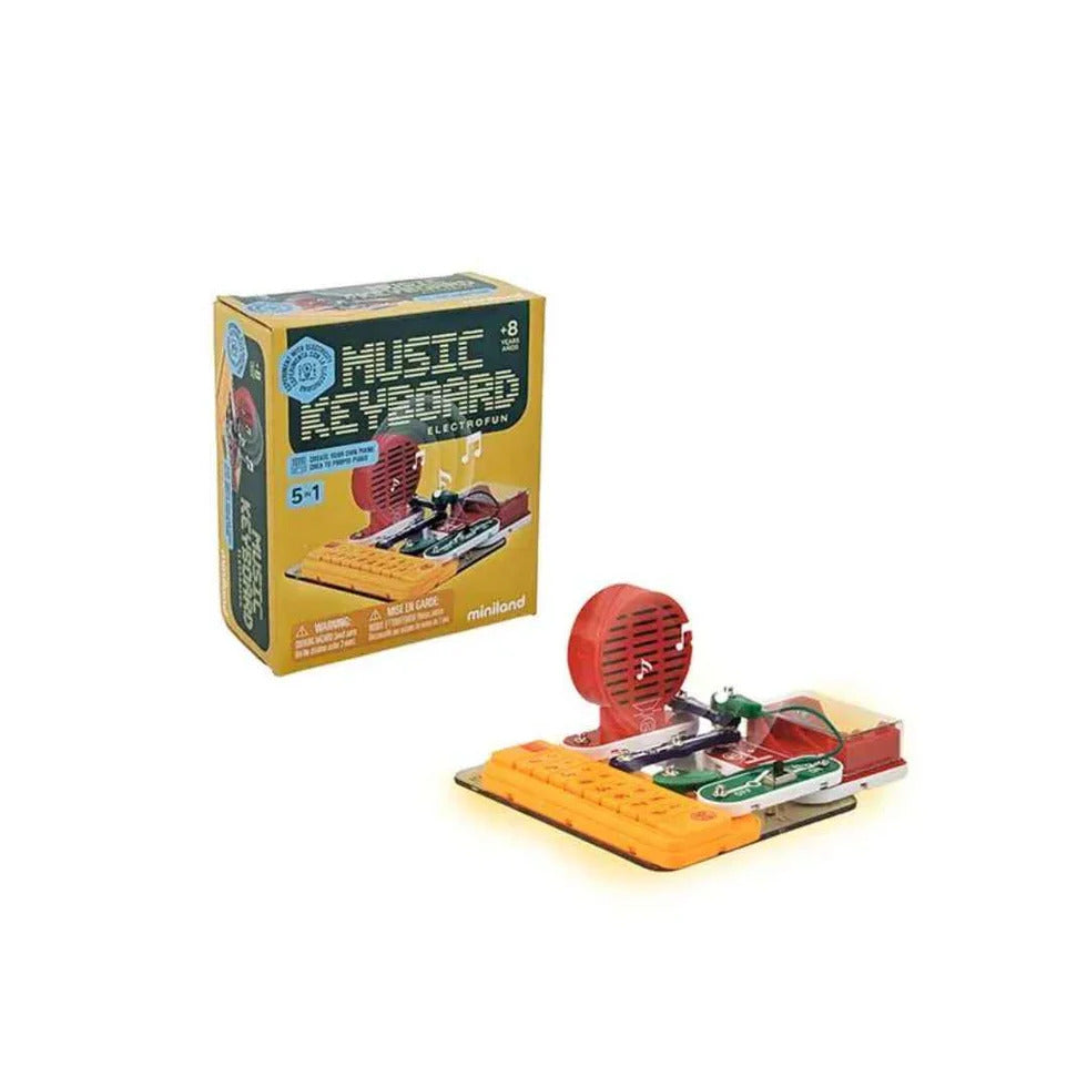 Miniland Music Keyboard Electrofun box and an assembled electronic circuit with a keyboard and red speaker module.