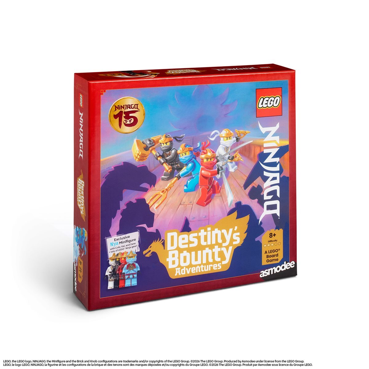 Red square box for LEGO Ninjago Destiny's Bounty Adventures board game featuring four ninjas and an exclusive Nya figure.