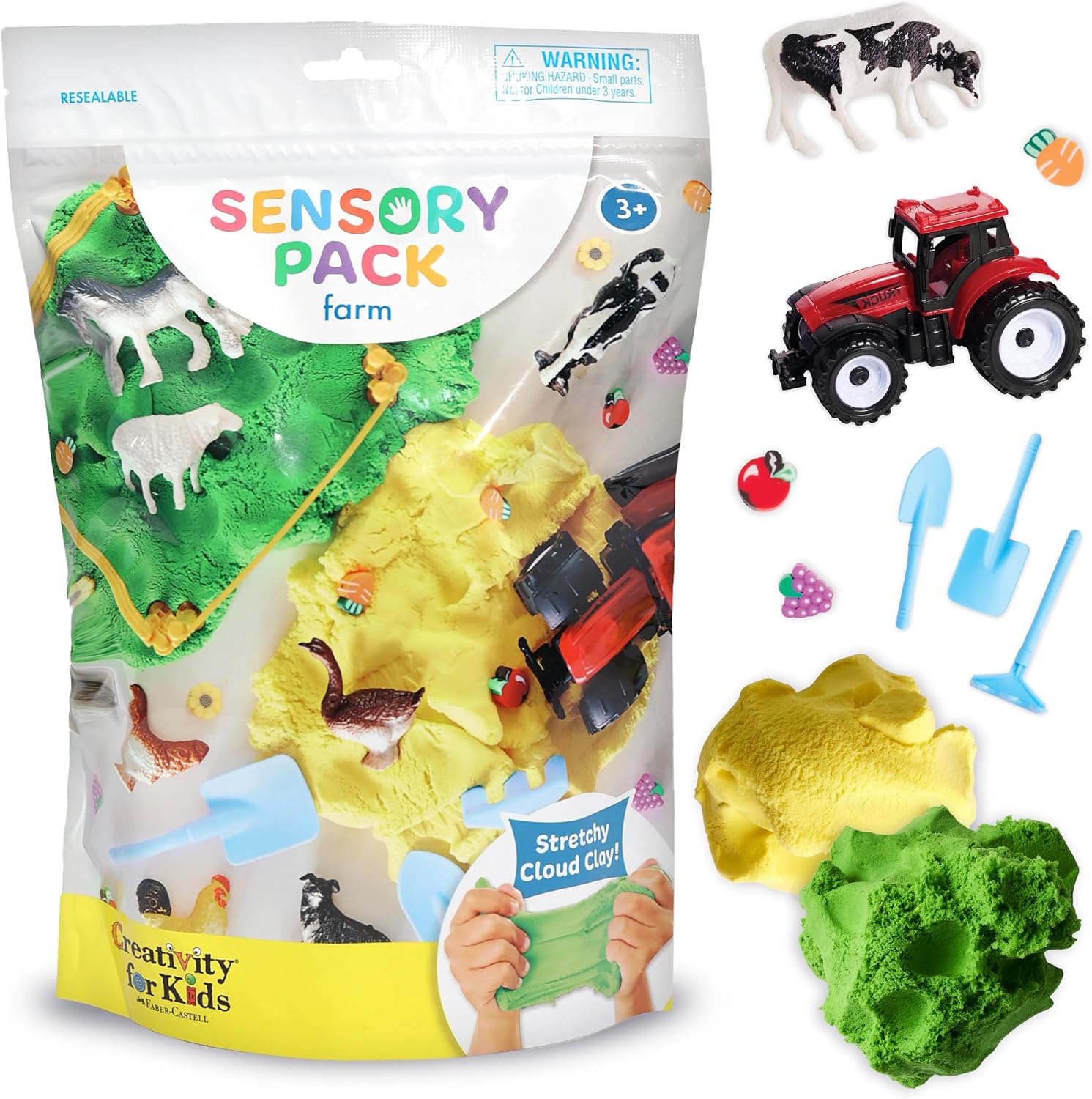 Farm-themed sensory play kit showing green and yellow clay, a red tractor, plastic animals, and blue play tools.