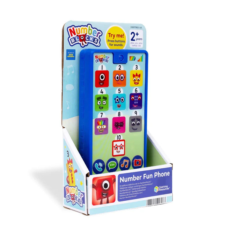 Blue toy phone with colorful Numberblocks character buttons 1-10 inside a themed cardboard display box.