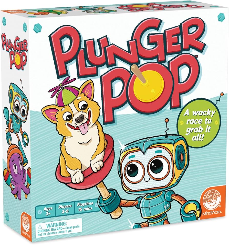 Colorful box for Plunger Pop game featuring a smiling robot and a corgi puppy sitting in a plunger cup.