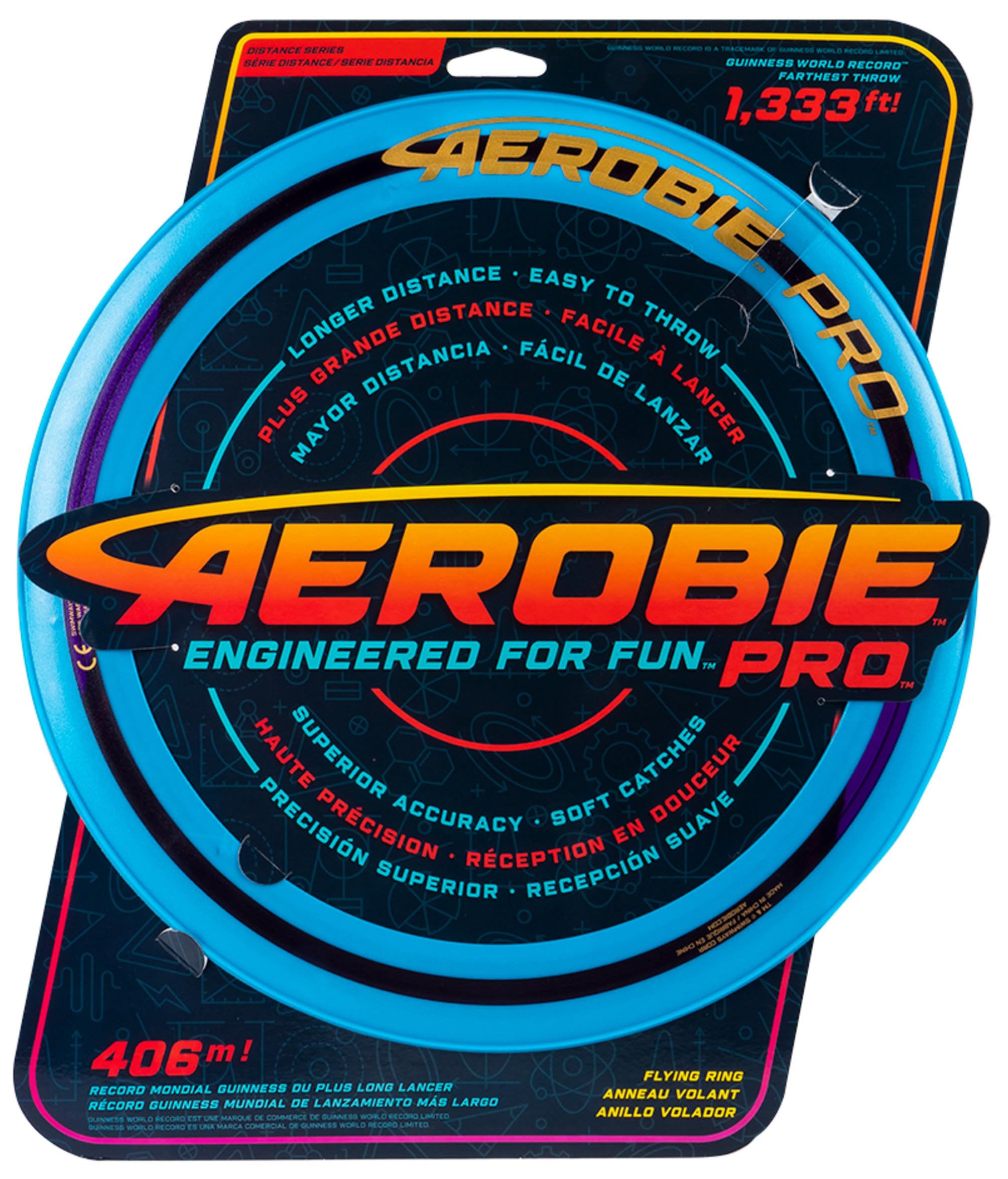 Aerobie Pro disc golf disc in bright blue, shown in its retail blister packaging with a black and orange backing card. The packaging features the Aerobie brand logo and text highlighting the disc's 4.