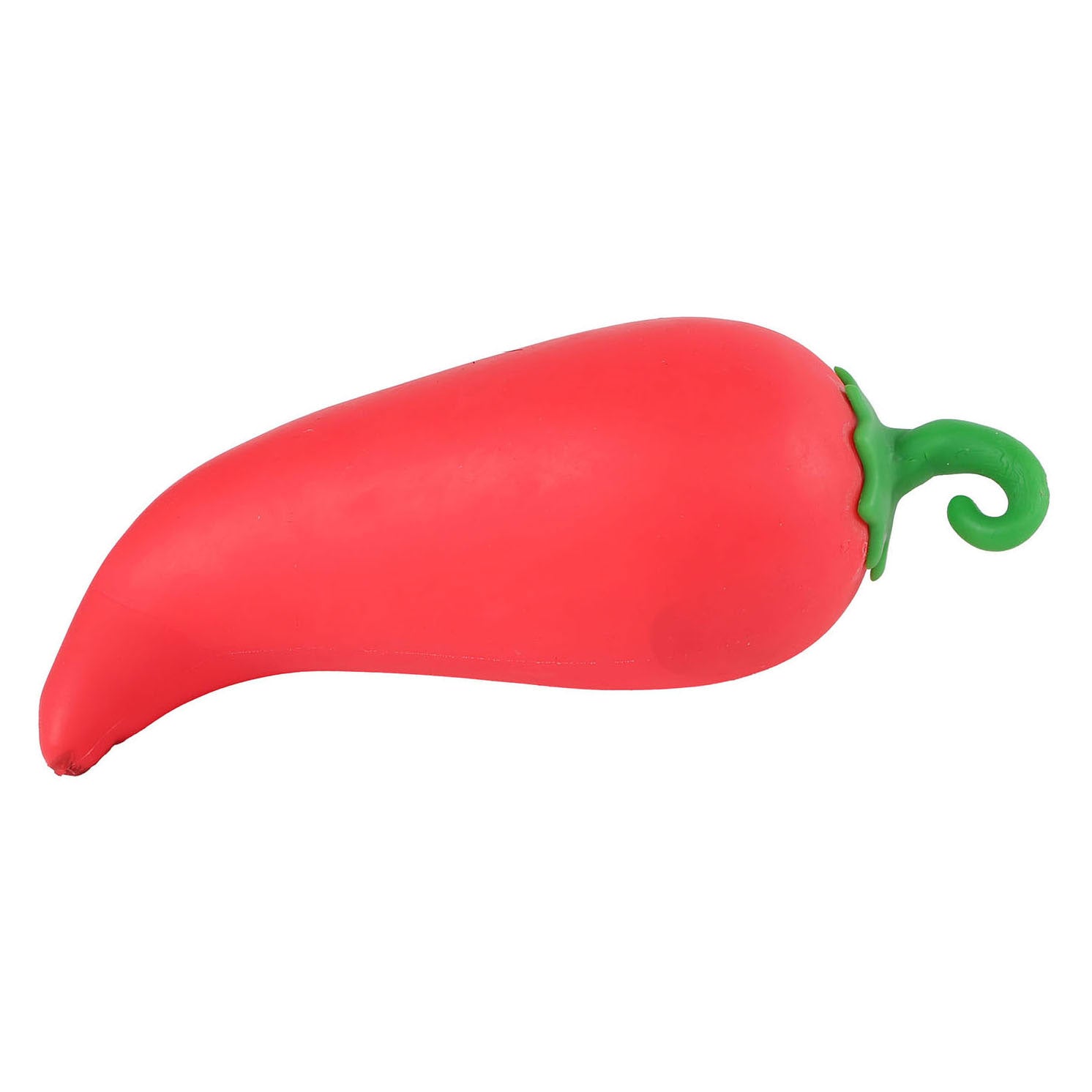 A bright red chili pepper-shaped squishy toy with a curled green stem on a plain white background.