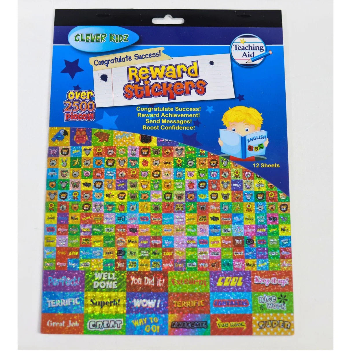 Clever Kidz Reward Stickers pack featuring 12 sheets of colorful holographic stickers with motivational phrases.