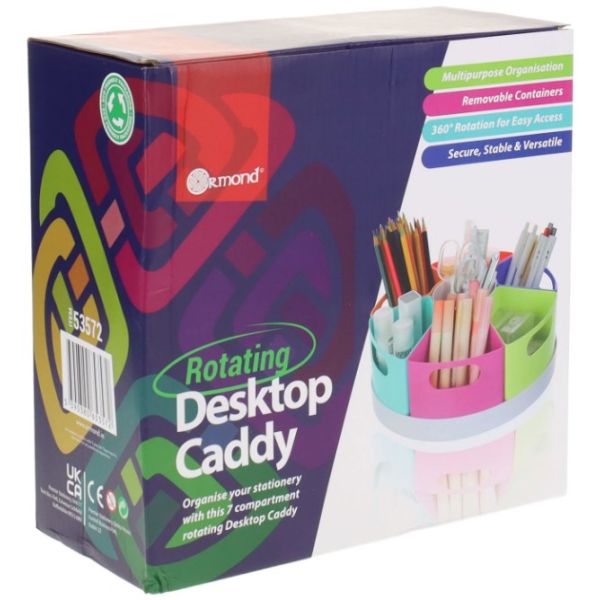 Packaging for a Rotating Desktop Caddy showing a 360-degree spinning base with seven colorful removable plastic compartments.
