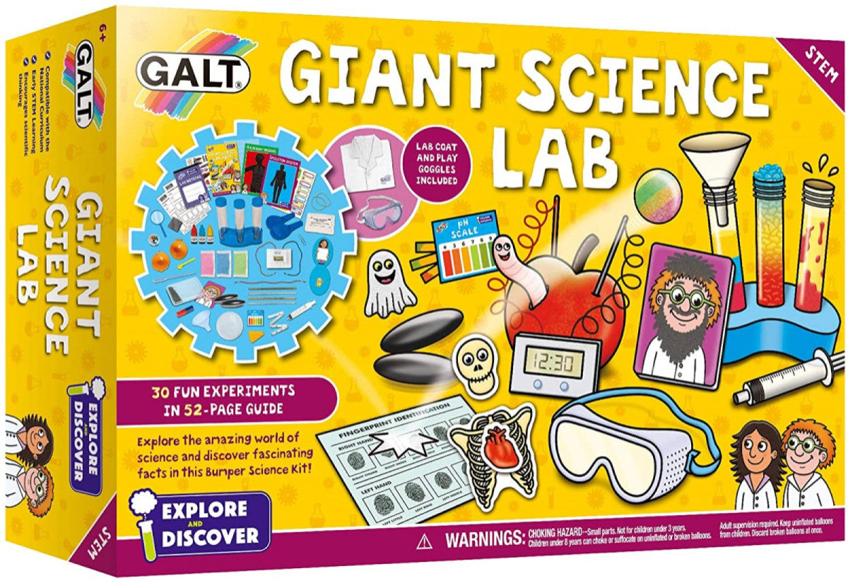Yellow box for Galt Giant Science Lab with illustrations of science experiments, a lab coat, goggles, and test tubes.