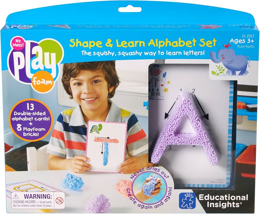 Playfoam Alphabet Set box showing a child making a blue letter T and a large purple foam A in a display window.