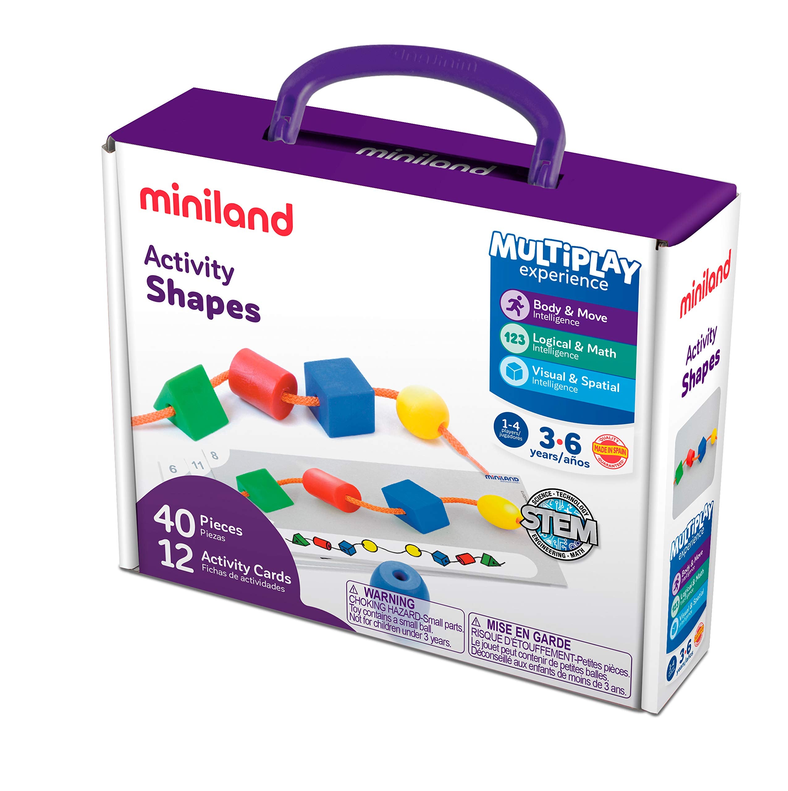 Packaging for Miniland Activity Shapes featuring colorful plastic blocks on a lace, activity cards, and age 3-6 logo.