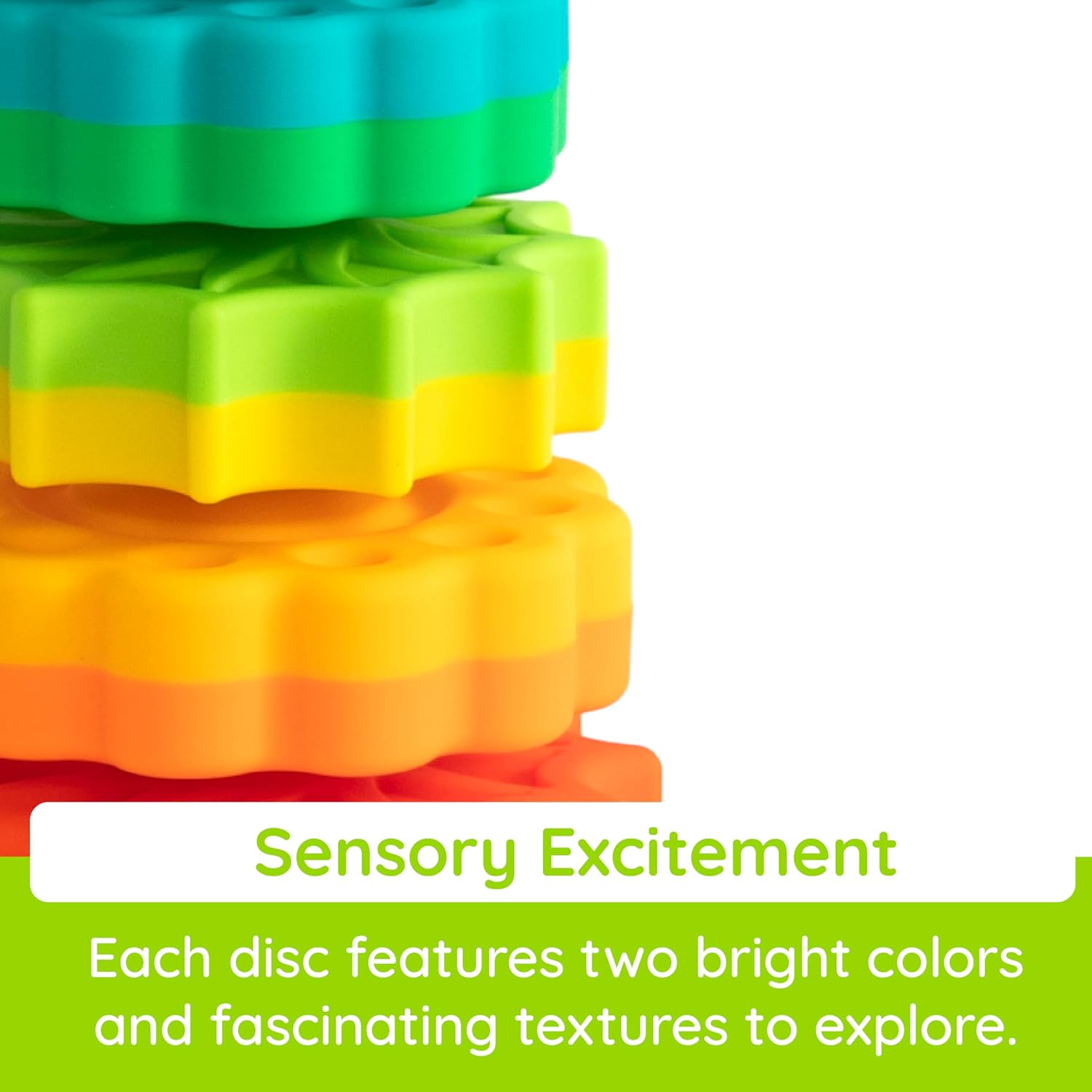 Stacked gear-shaped toy discs in bright dual-tone colors like blue, green, yellow, and orange with sensory textures.