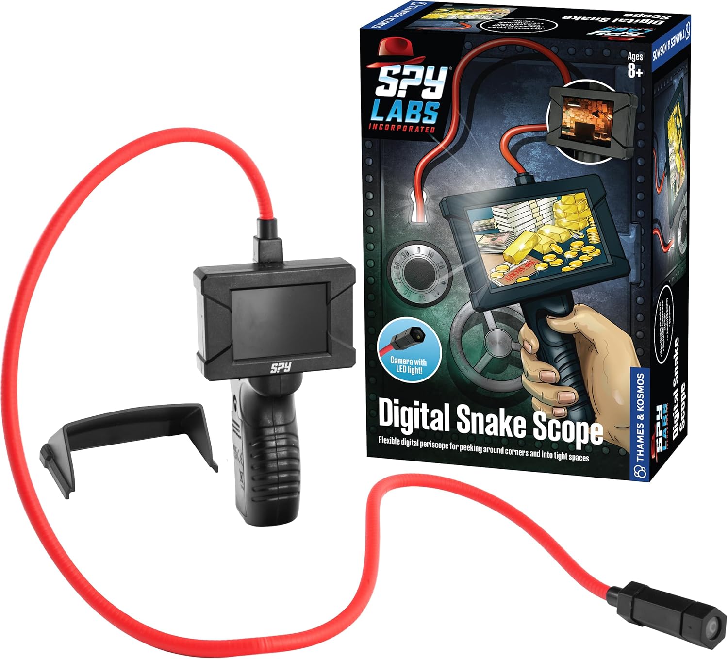 Handheld digital scope with a black screen and long red flexible camera cable beside its illustrated retail packaging.