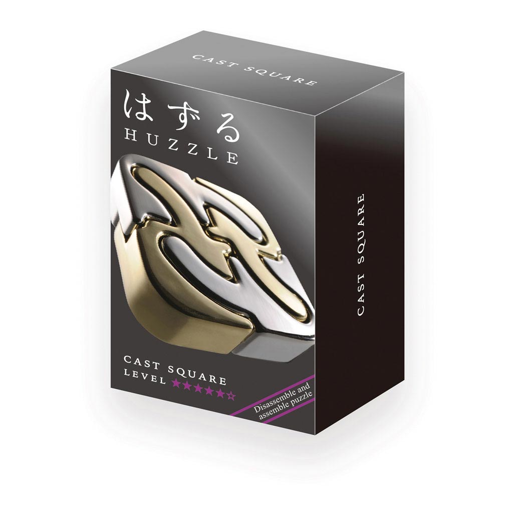 Interlocking gold and silver metal puzzle pieces inside a black Huzzle Cast Square box.