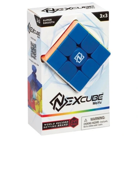 A blue 3x3 Nexcube speed cube with white logo in white retail packaging featuring world record text.