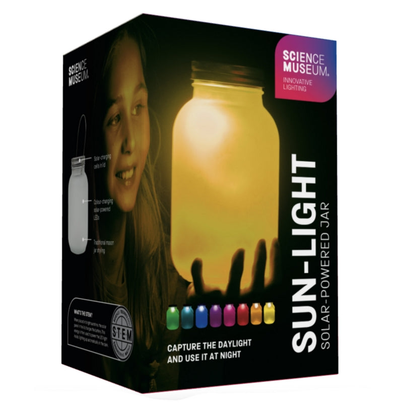 A frosted mason jar glowing with warm yellow light, held by a girl, featuring colour-changing LED options on the packaging.