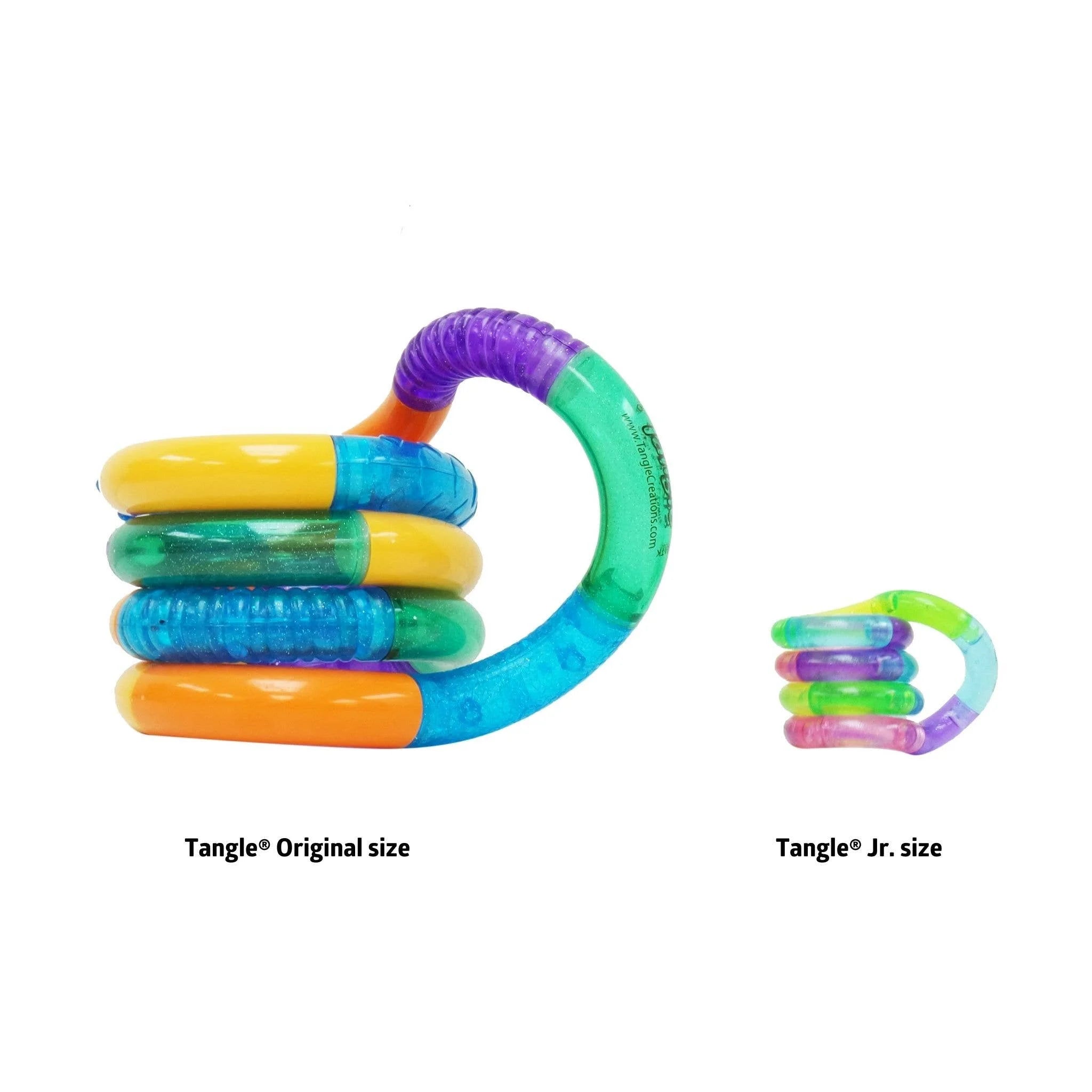 Colorful Tangle toy in original and Jr. size on a white background