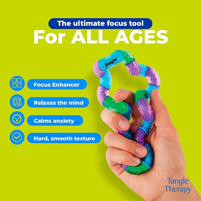 Colorful Tangle toy held in a hand with text highlighting its benefits on a green background