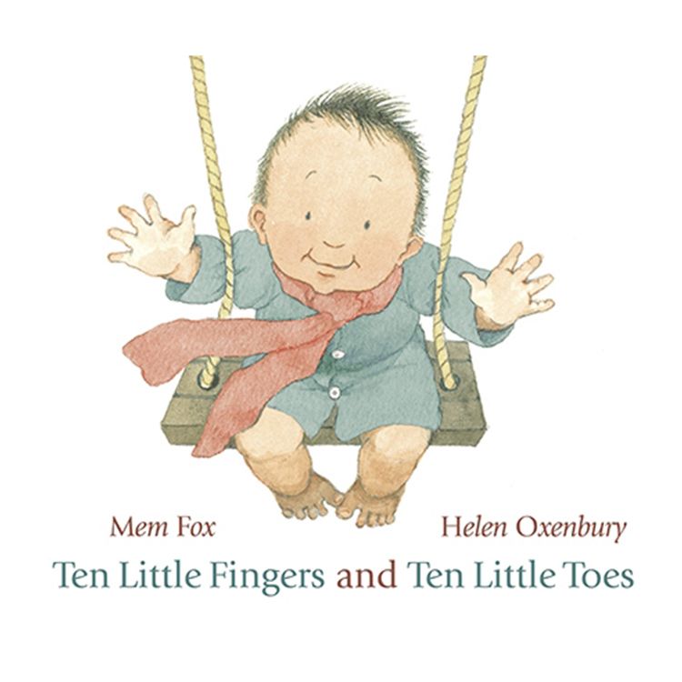 Book cover featuring an illustration of a baby in a blue outfit and red scarf sitting on a wooden swing.