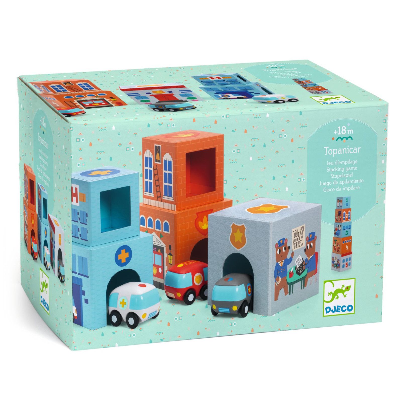 Djeco Topanicar packaging showing colorful stacking cubes and three toy vehicles: an ambulance, fire truck, and police car.