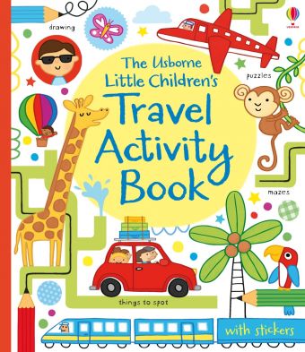 Colorful cover of an Usborne activity book with illustrations of a red plane, a yellow giraffe, and a red car.