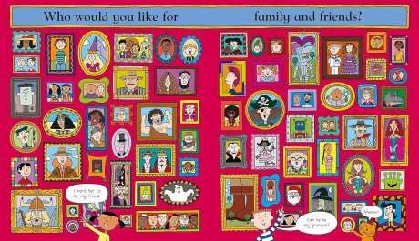 Vibrant pink page spread with dozens of small, colorful framed cartoon character portraits in various shapes.