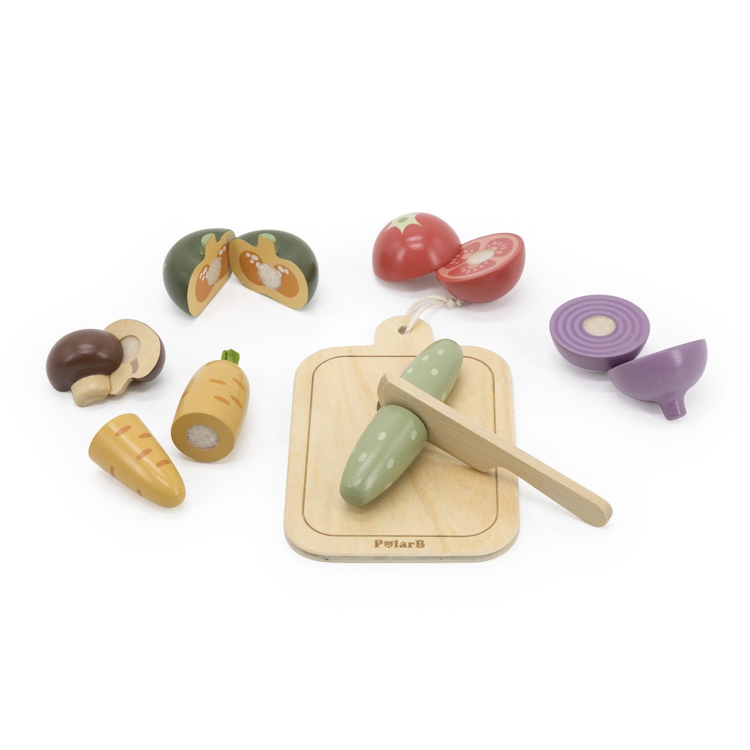 Wooden toy set featuring a cutting board, knife, and colorful halved vegetables like a tomato, onion, and carrot.