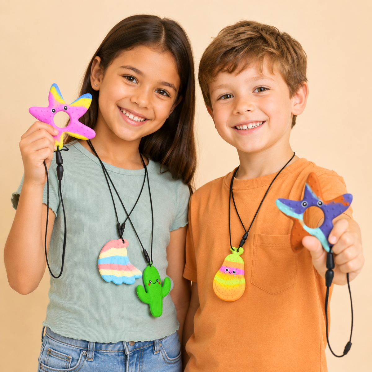A smiling girl and a smiling boy wearing colorful plush necklaces and holding matching star-shaped accessories against a warm beige studio background.