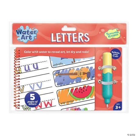 Peaceable Kingdom Water Art Letters kit featuring a spiral-bound activity book and a teal and yellow water pen.