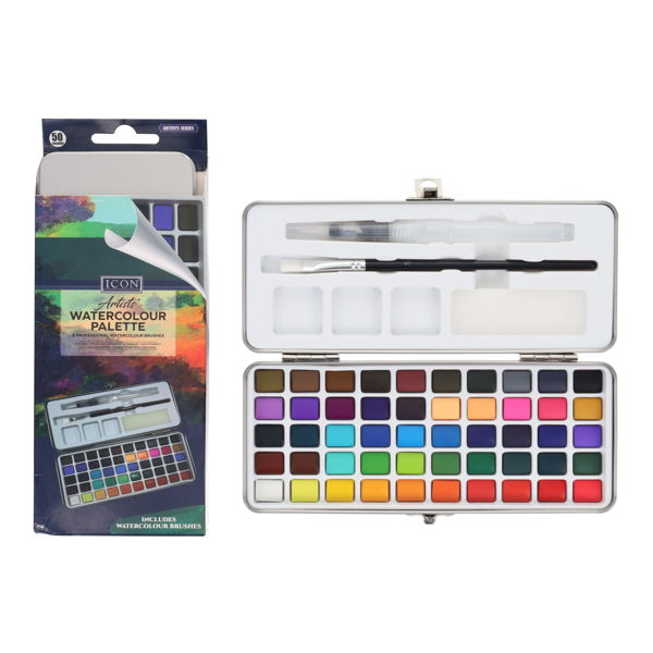 Open silver metal tin displaying 50 colorful watercolour paint pans and two brushes next to its product box.