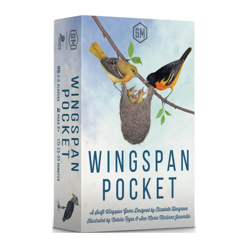 Game box for Wingspan Pocket featuring two orange and yellow birds feeding three chicks in a hanging nest.
