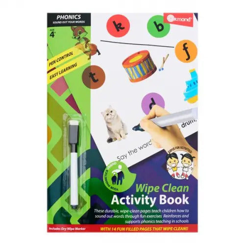 Phonics wipe clean activity book packaging featuring a cat, a drum, and a dry-wipe marker.