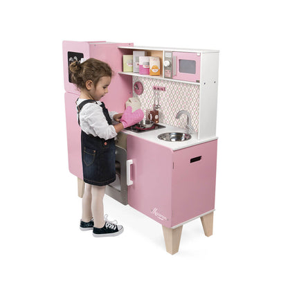 Janod - Macaron Wooden Maxi Kitchen for Children - Equipped with a Fridge and a Microwave - Pretend Play - 15 Accessories Included - Age of 3+