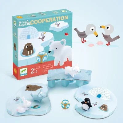Blue arctic-themed board game box with polar animal figurines, ice floe boards, a bridge, and dice.