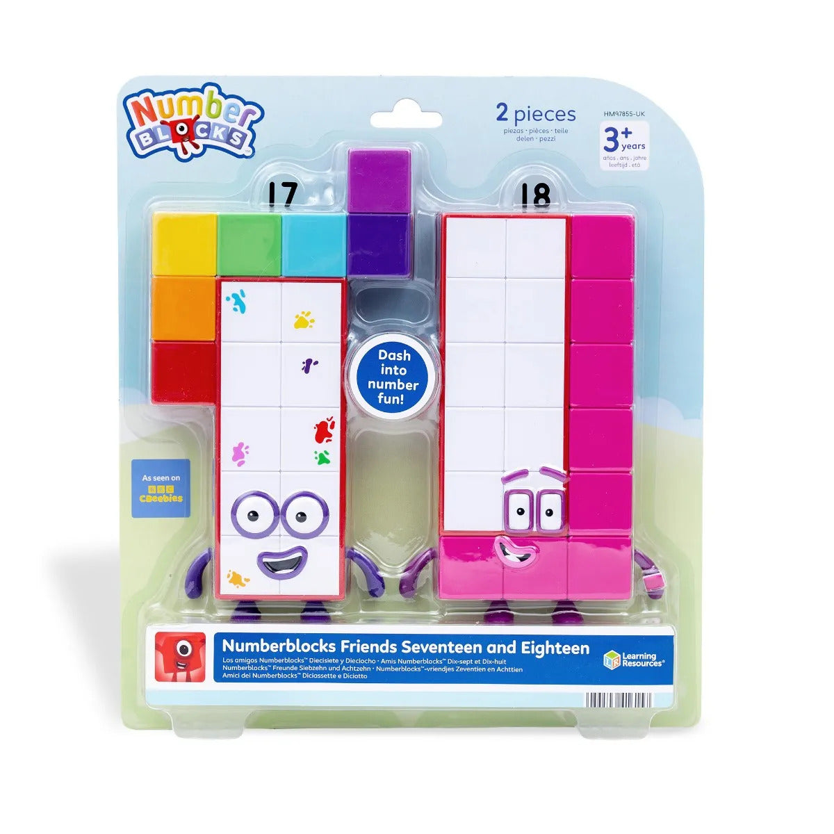 Numberblocks Seventeen and Eighteen plastic figures in clear blister packaging with logo and age rating.