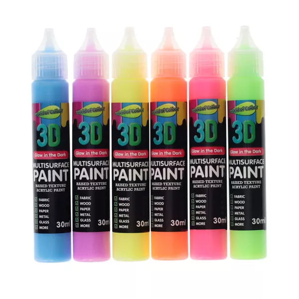 Six 30ml squeeze bottles of 3D glow in the dark paint in neon blue, purple, yellow, orange, pink, and green.